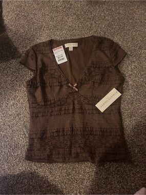 Thierry Mugler Brown Lace-Trim V-Neck Short Sleeve Top